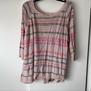 3/4 sleeve tan striped squared scoop neck sweater